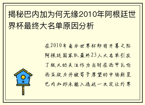 揭秘巴内加为何无缘2010年阿根廷世界杯最终大名单原因分析